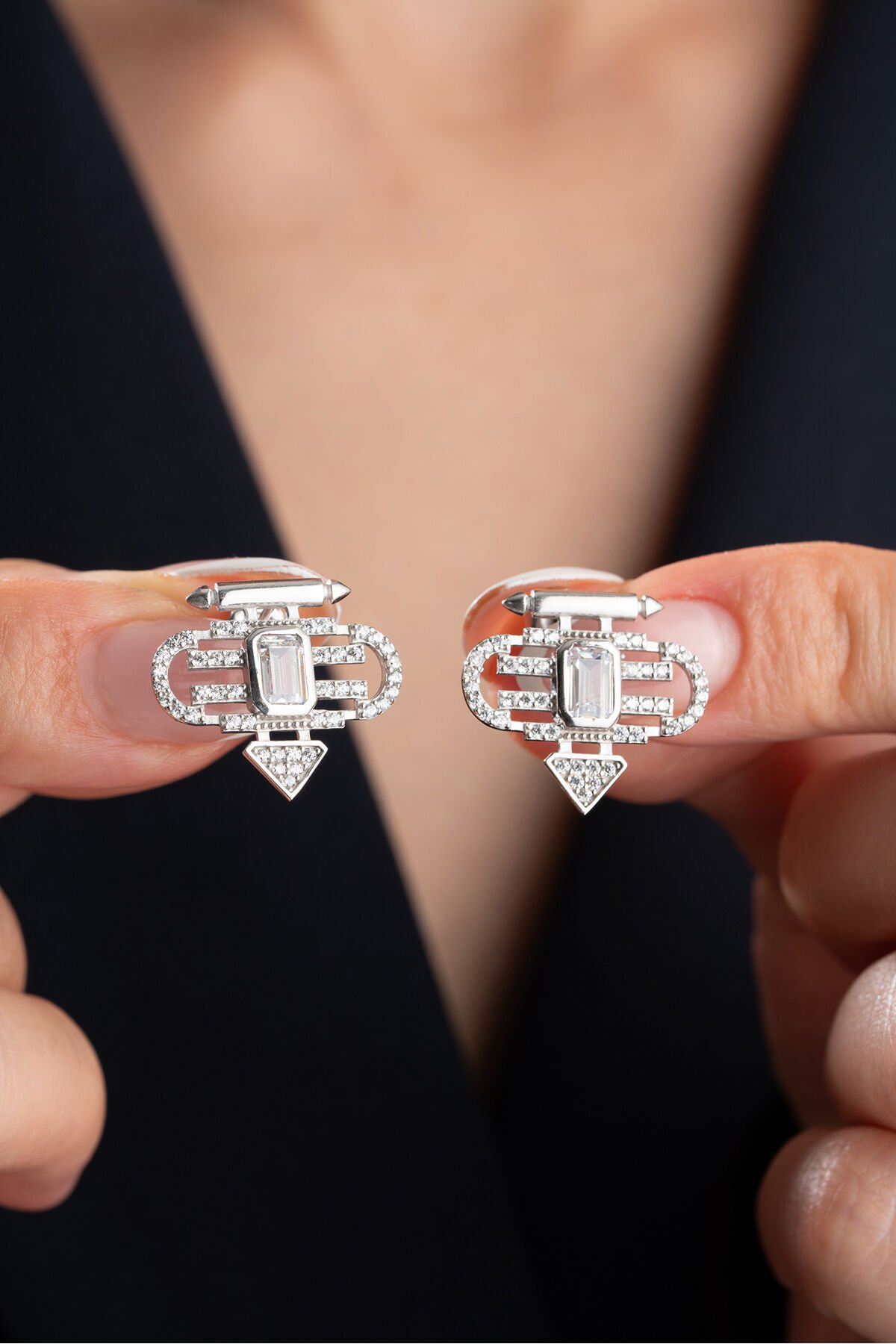 925 Ayar Gümüş Zirkon Taşlı Şeyma Küpe Silver - Tek Ebat