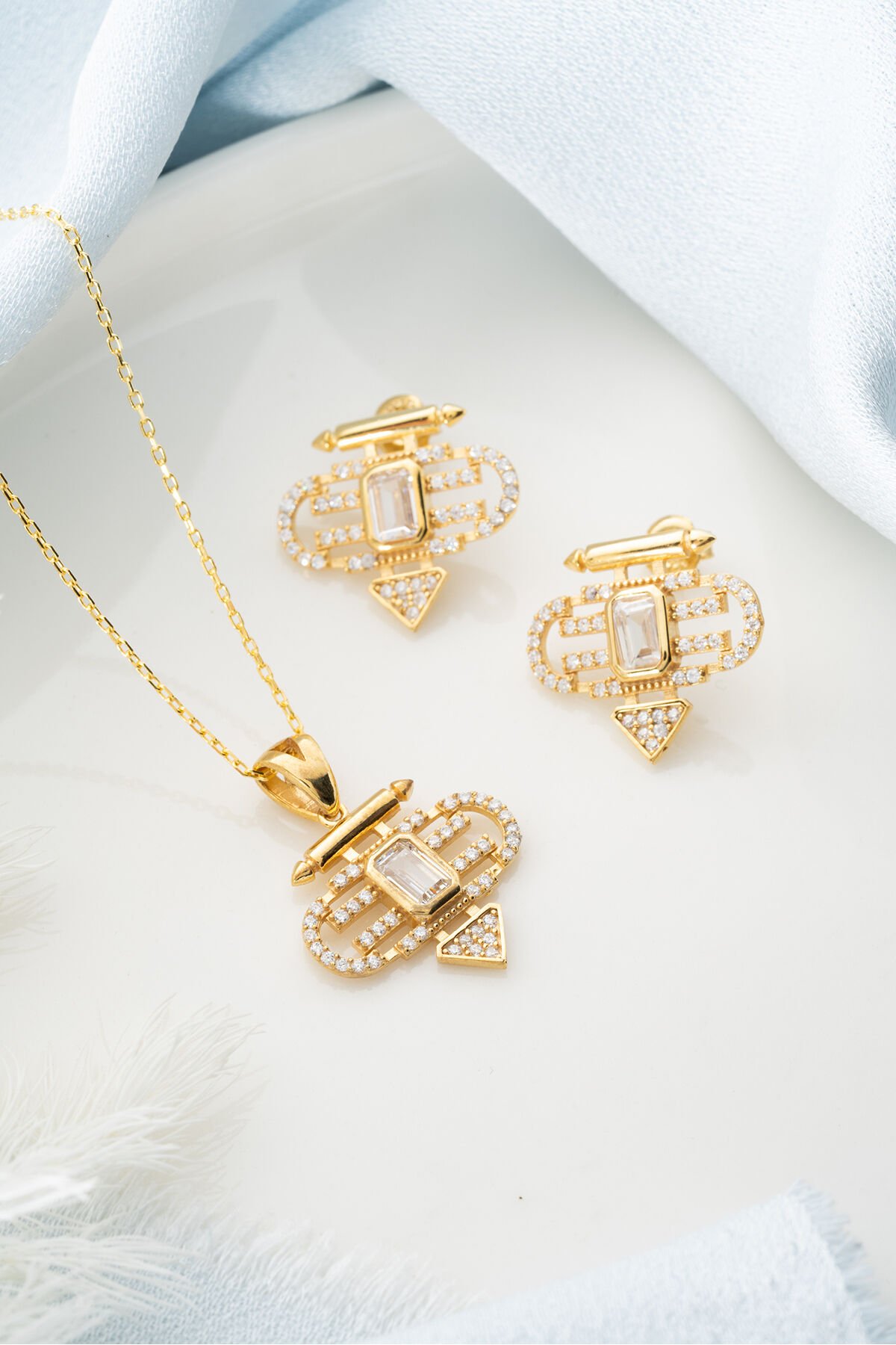 925 Ayar Gümüş Şeyma (Kolye-Küpe) Seti Gold - Tek Ebat