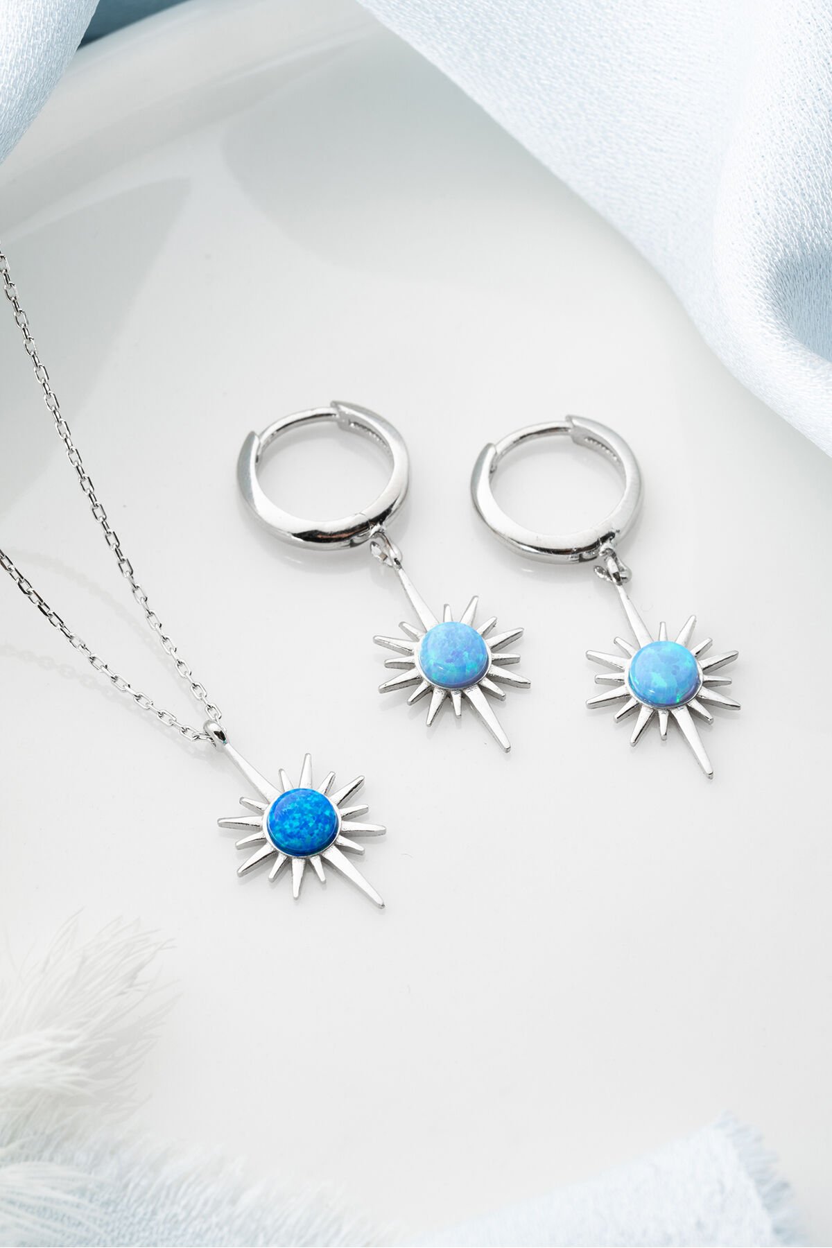 925 Ayar Gümüş Opal Kutup Yıldızı (Kolye-Küpe) Seti Silver - Tek Ebat