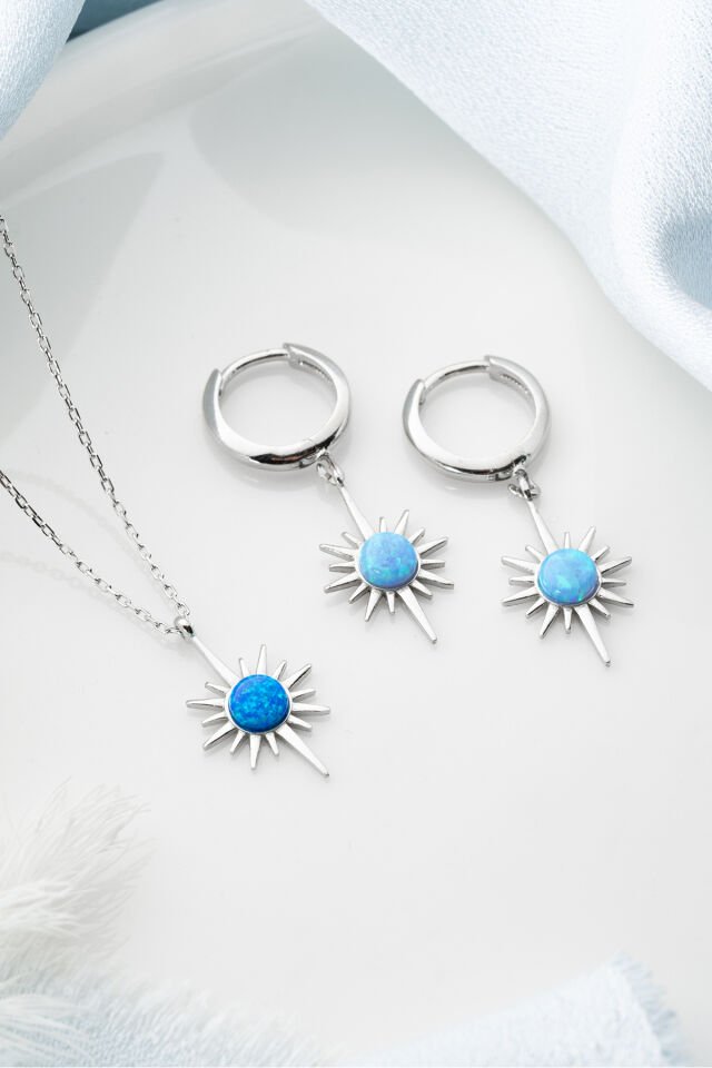 925 Ayar Gümüş Opal Kutup Yıldızı (Kolye-Küpe) Seti Silver - Tek Ebat