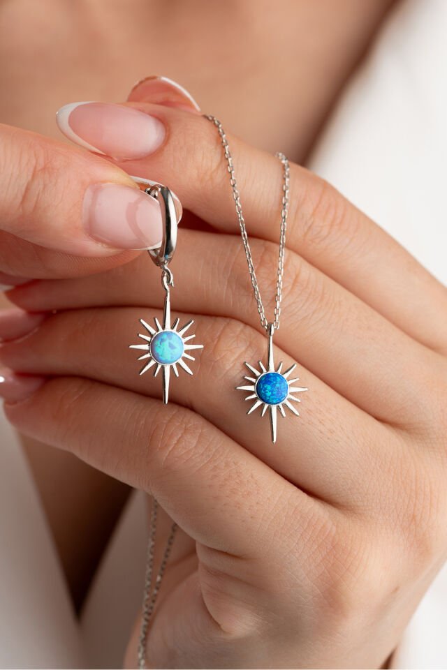 925 Ayar Gümüş Opal Kutup Yıldızı (Kolye-Küpe) Seti Silver - Tek Ebat