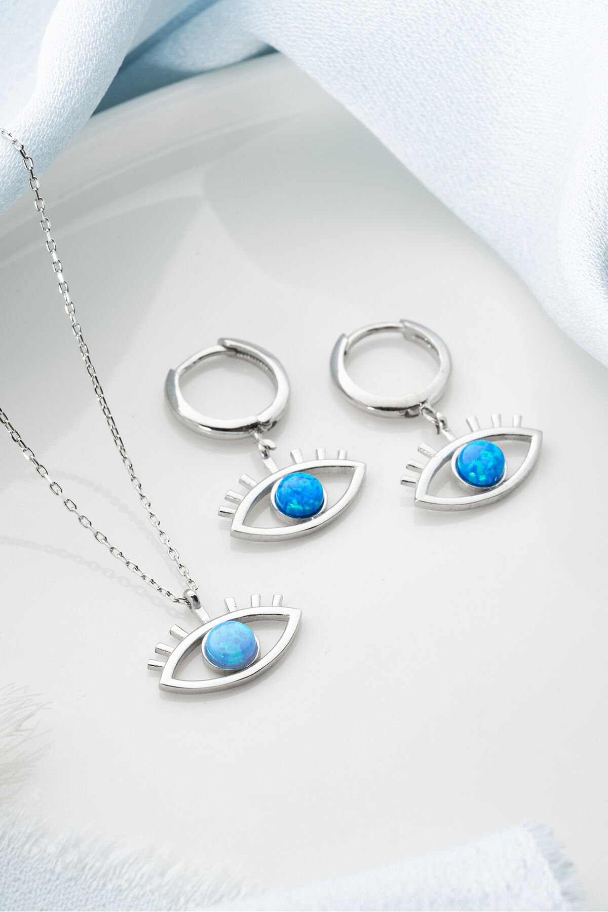 925 Ayar Gümüş Göz Opal Taşlı (Kolye-Küpe) Seti Silver - Tek Ebat