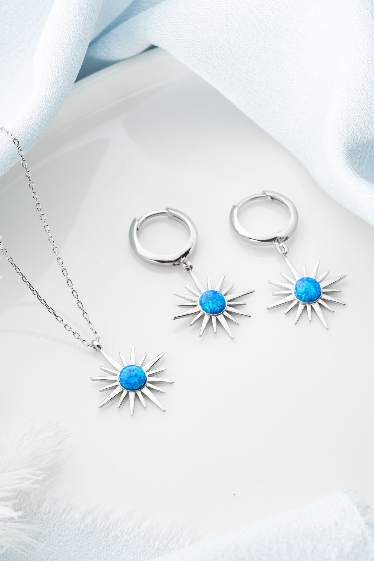 925 Ayar Gümüş Opal Taşlı Kutup Yıldızı (Kolye-Küpe) Seti Silver - Tek Ebat