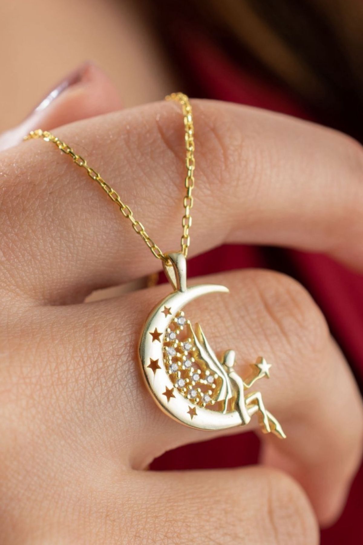 925 Ayar Gümüş Ay Perisi Kolye Gold - Tek Ebat