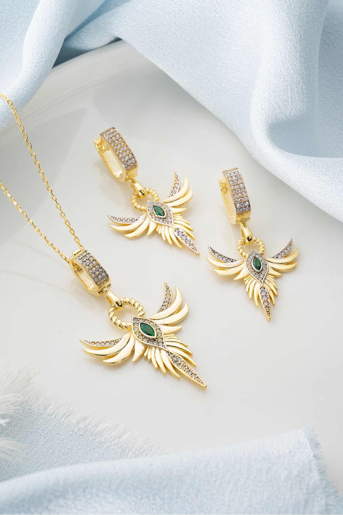 925 Ayar Gümüş Zümrüdüanka (Kolye-Küpe) Seti Gold - Tek Ebat