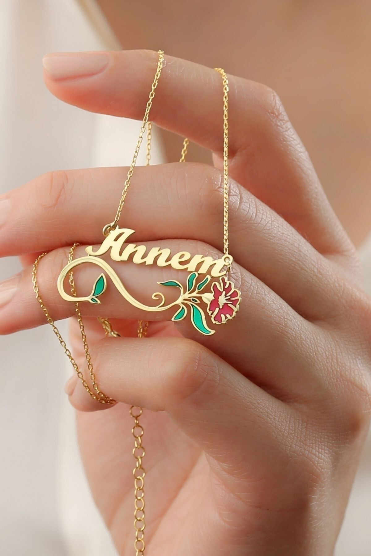 925 Ayar Gümüş Annem Karanfil Kolye Gold - Tek Ebat
