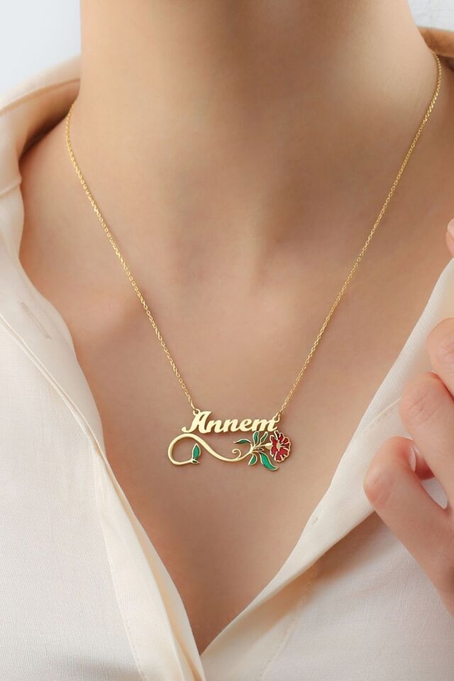925 Ayar Gümüş Annem Karanfil Kolye Gold - Tek Ebat