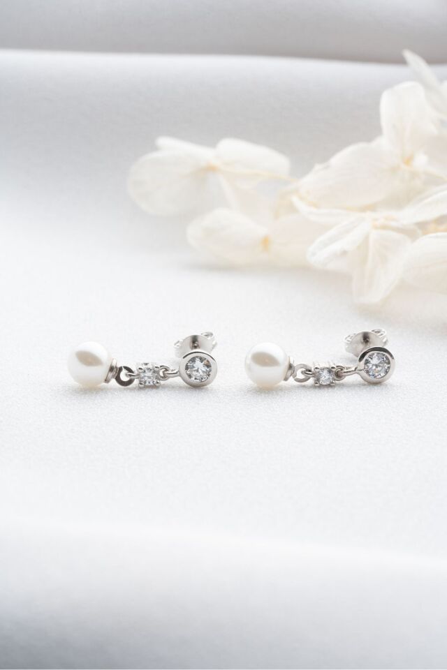 925 Ayar Gümüş Tektaşlı İnci Küpe Silver - Tek Ebat