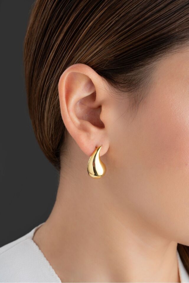 925 Ayar Gümüş Büyük Boy Trend Küpe Gold - Tek Ebat