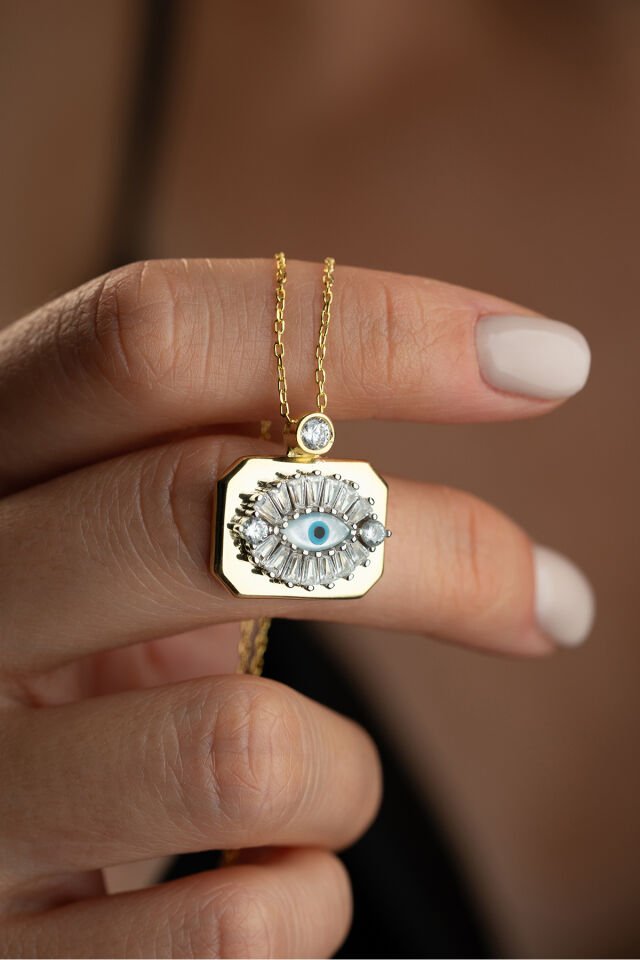 925 Ayar Gümüş Gold Plaka Göz Kolye