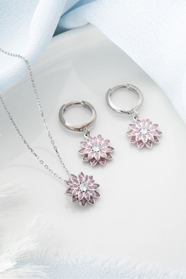 925 Ayar Gümüş Pembe Taşlı Kolye Küpe Set