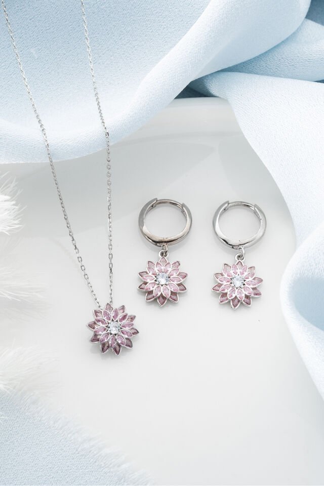 925 Ayar Gümüş Pembe Taşlı Kolye Küpe Set