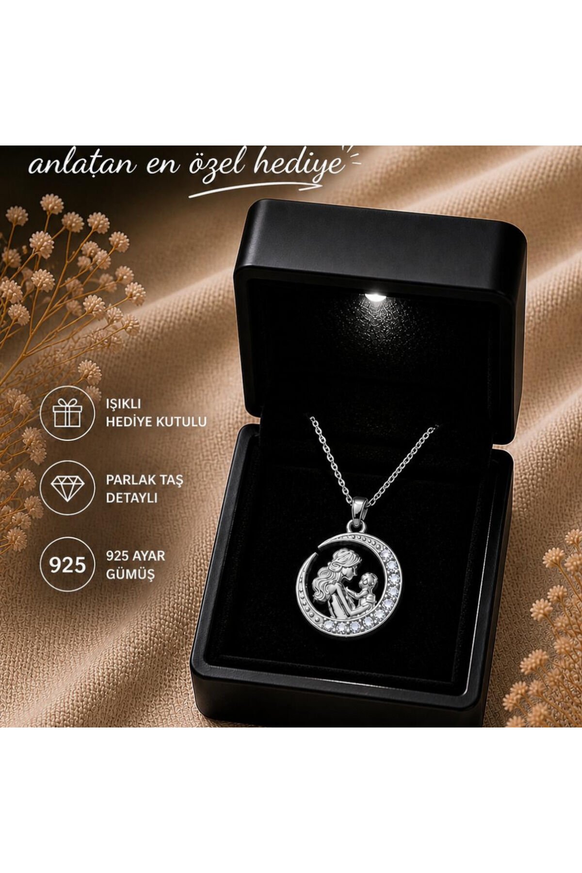 925 Ayar Gümüş Hilal Model Anne Bebek Kolye Beyaz - 45 cm