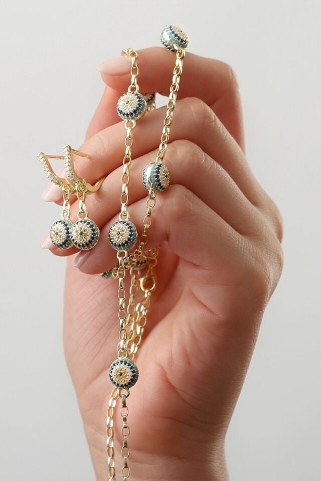 925 Ayar Gümüş Göz Nazarlı Takı Seti ( Kolye-bileklik-küpe ) Gold - Tek Ebat