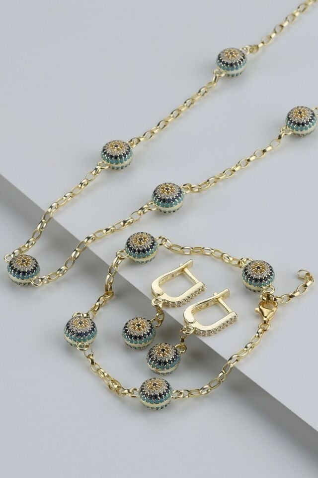 925 Ayar Gümüş Göz Nazarlı Takı Seti ( Kolye-bileklik-küpe ) Gold - Tek Ebat
