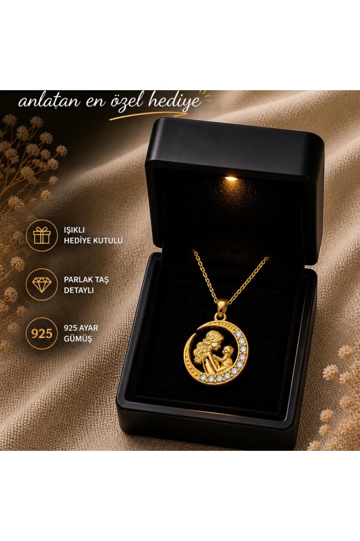 925 Ayar Gümüş Altın Kaplama Hilal Model Anne Bebek Kolye Sarı - 45 cm