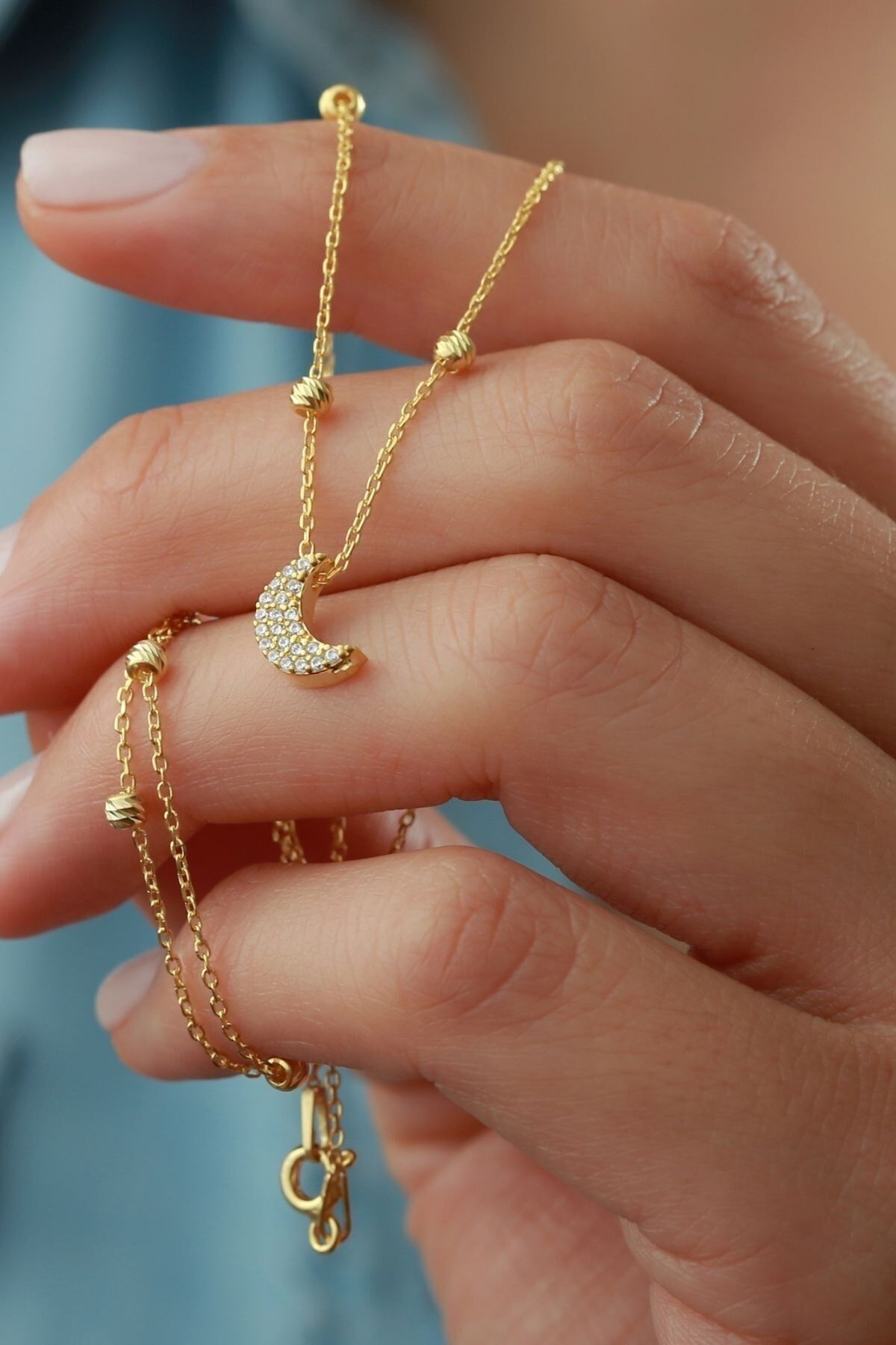 925 Ayar Gümüş Top Zincirli Ay Kolye Gold - Tek Ebat