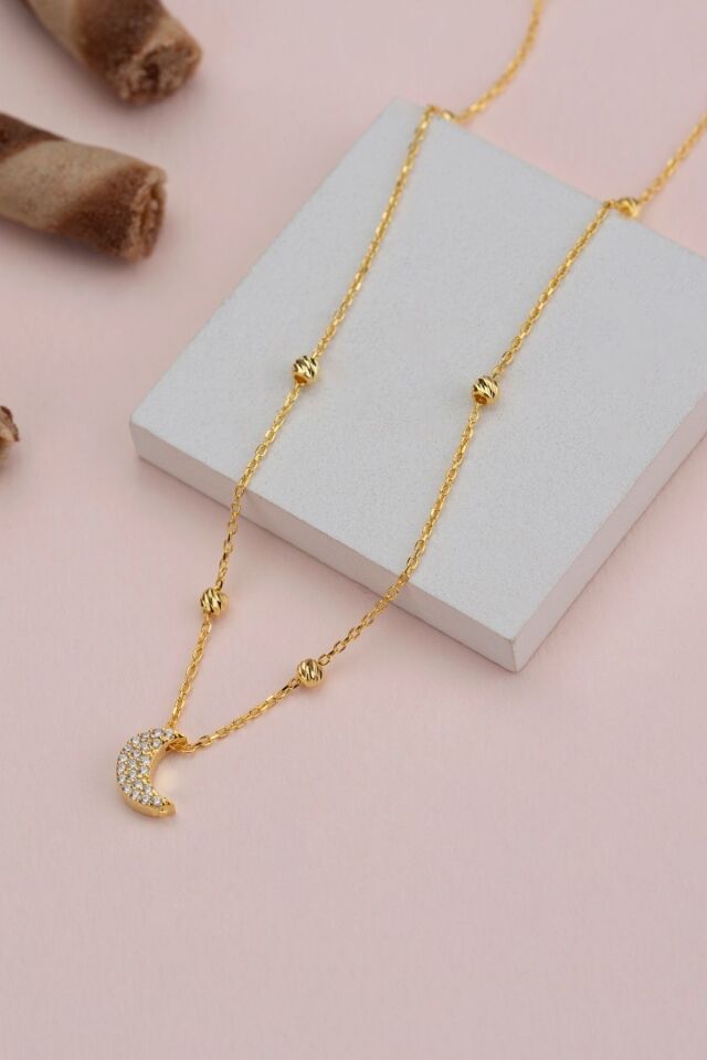 925 Ayar Gümüş Top Zincirli Ay Kolye Gold - Tek Ebat