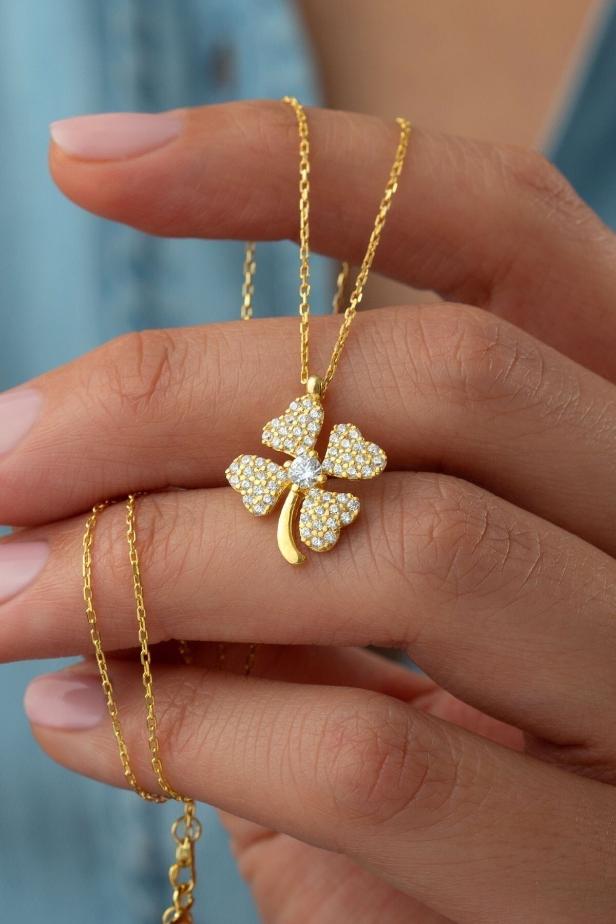 925 Ayar Gümüş Tek Taşlı Yonca Kolye Gold - Tek Ebat