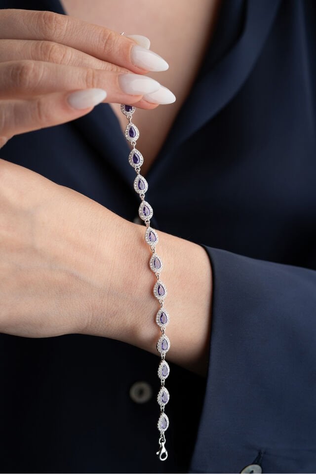 925 Ayar Gümüş Su Yolu Damla Ametist Taşlı Bileklik