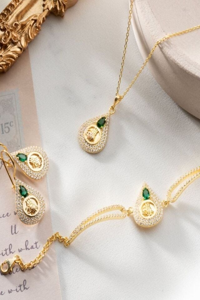 925 Ayar Gümüş Tuğralı Kolye-bileklik -küpe Seti Gold - Tek Ebat