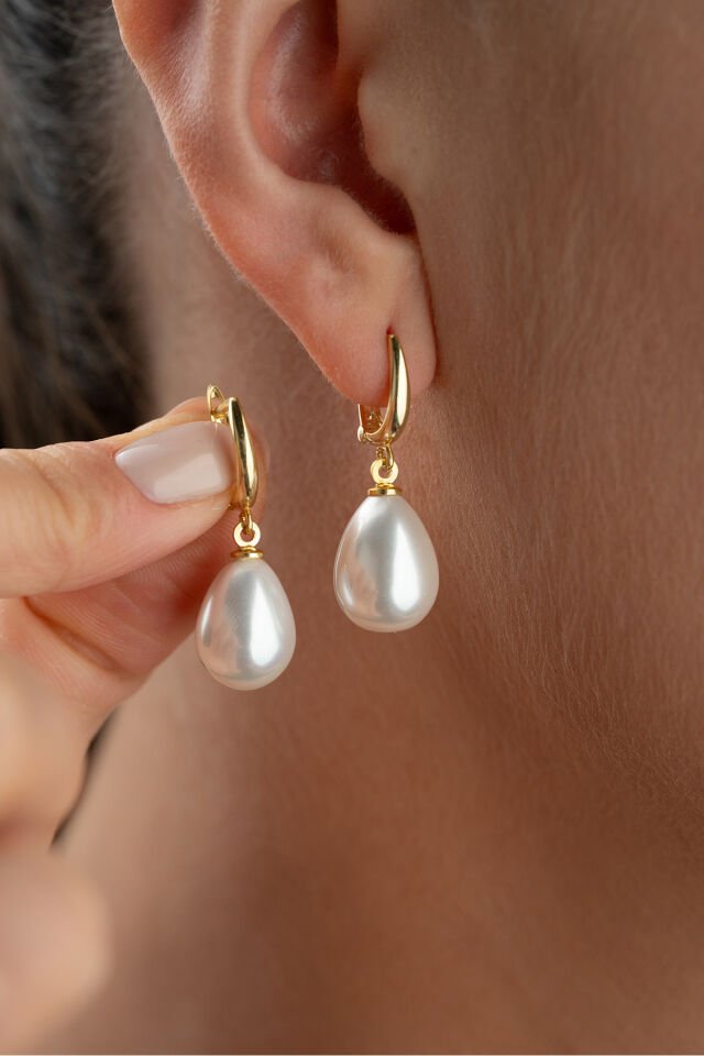 925 Ayar Gümüş Altın Kaplama Damla İnci Küpe