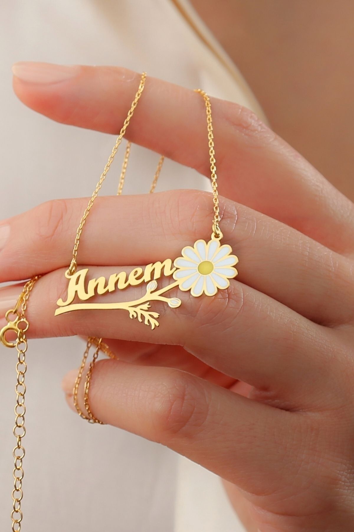 925 Ayar Gümüş Annem Papatya Kolye Gold - Tek Ebat