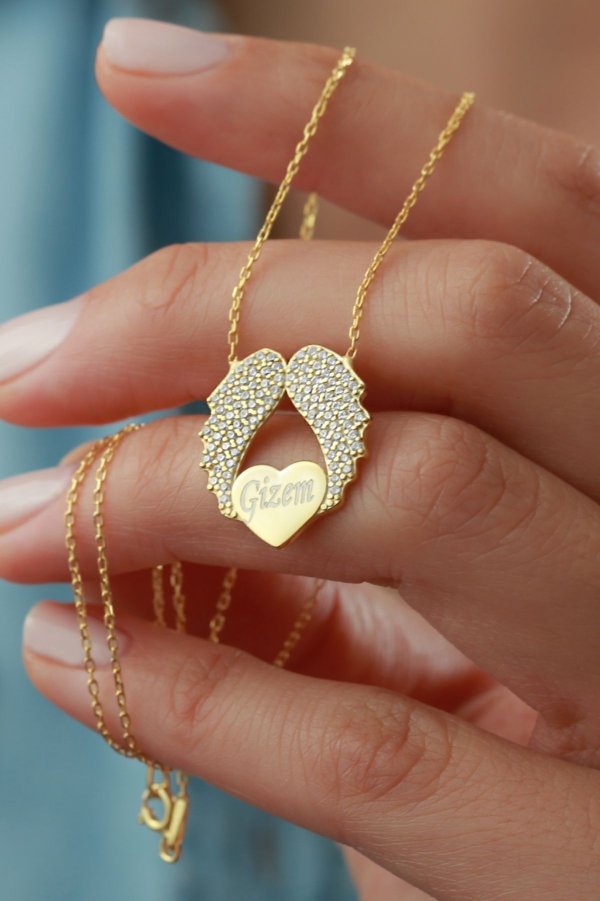 925 Ayar Gümüş Isimli Kanatlı Kalp Kolye Gold - Tek Ebat