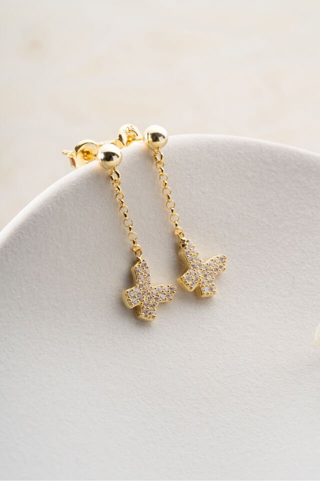 925 Ayar Gümüş Kelebek Zincirli Küpe Gold