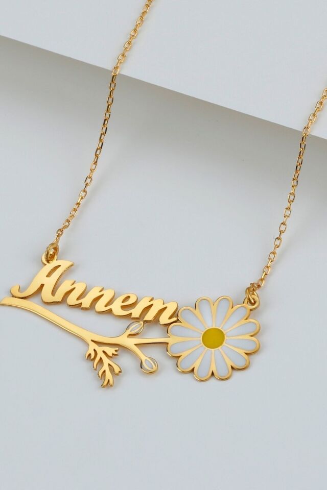 925 Ayar Gümüş Annem Papatya Kolye Gold - Tek Ebat