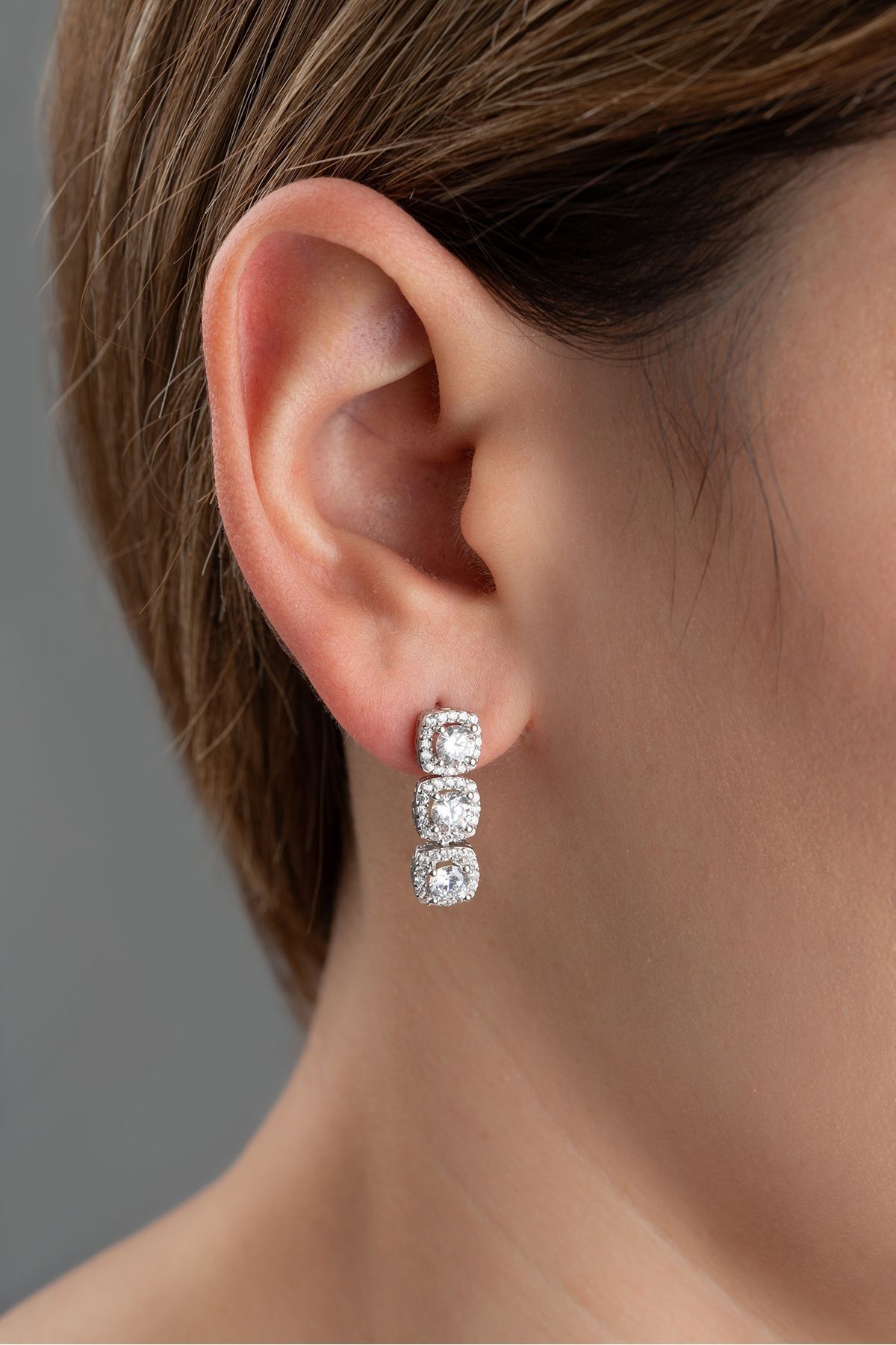925 Ayar Gümüş Zirkon Taşlı Sallantılı Kare Küpe Silver - Tek Ebat