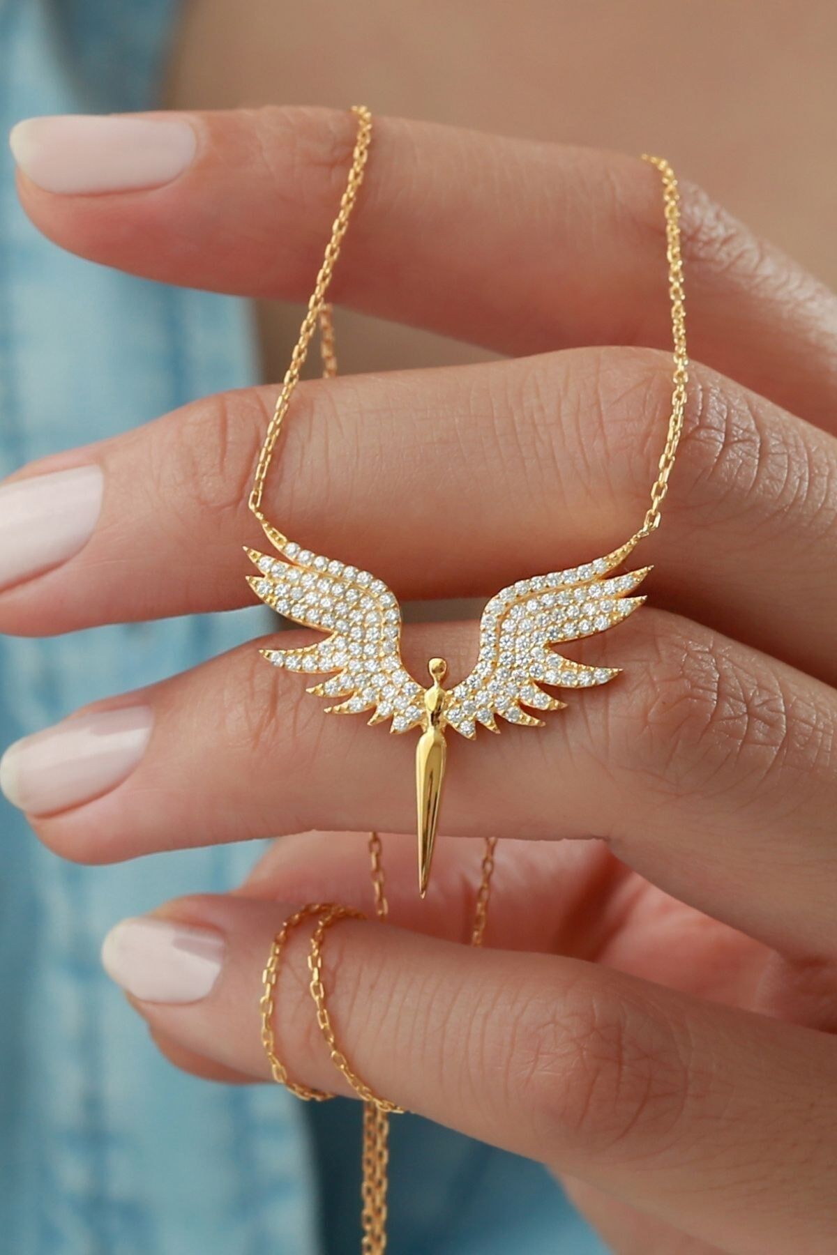 925 Ayar Gümüş Kanatlı Kılıç Kolye Gold - Tek Ebat