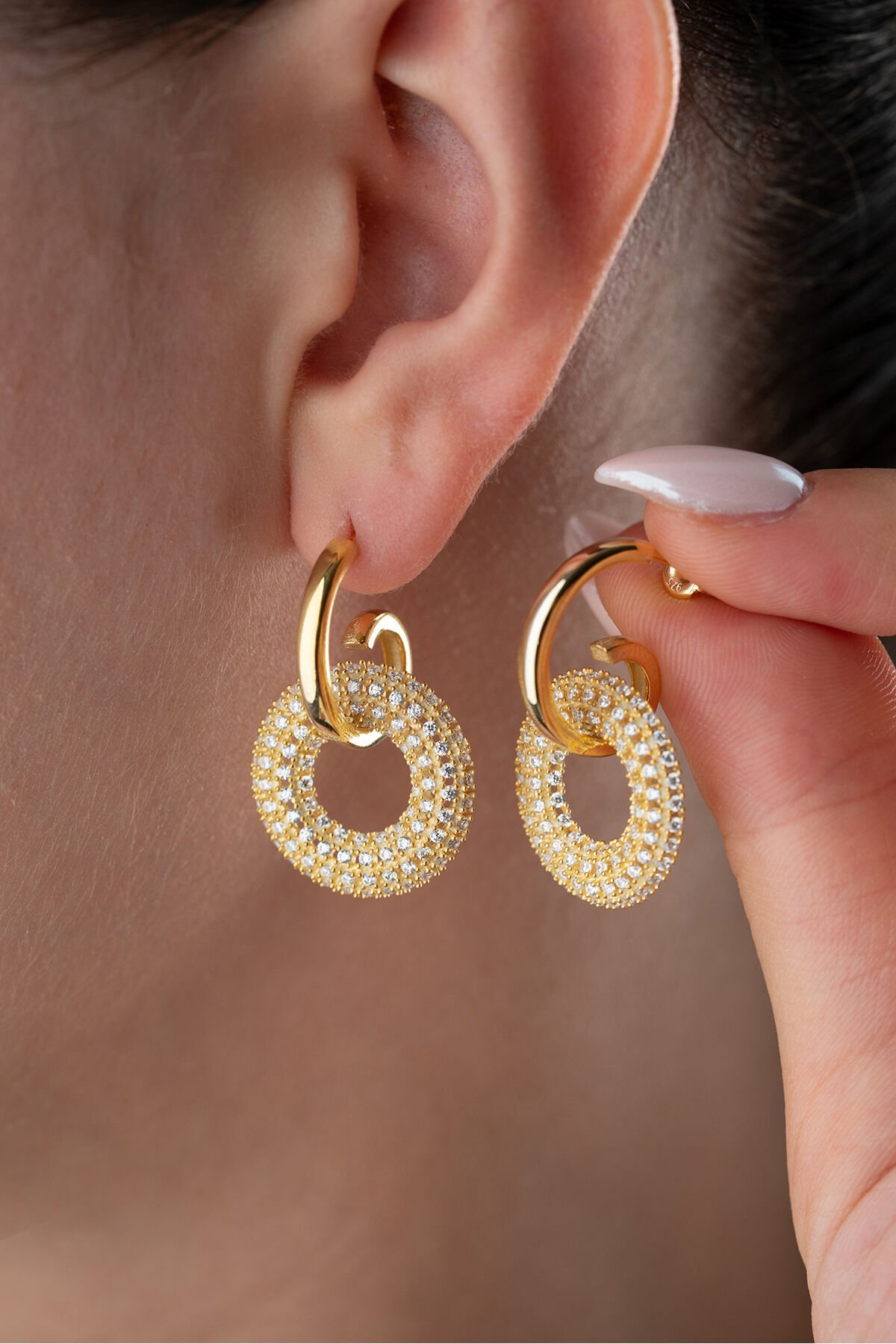 925 Ayar Gümüş Taşlı Çift Halka Küpe Gold