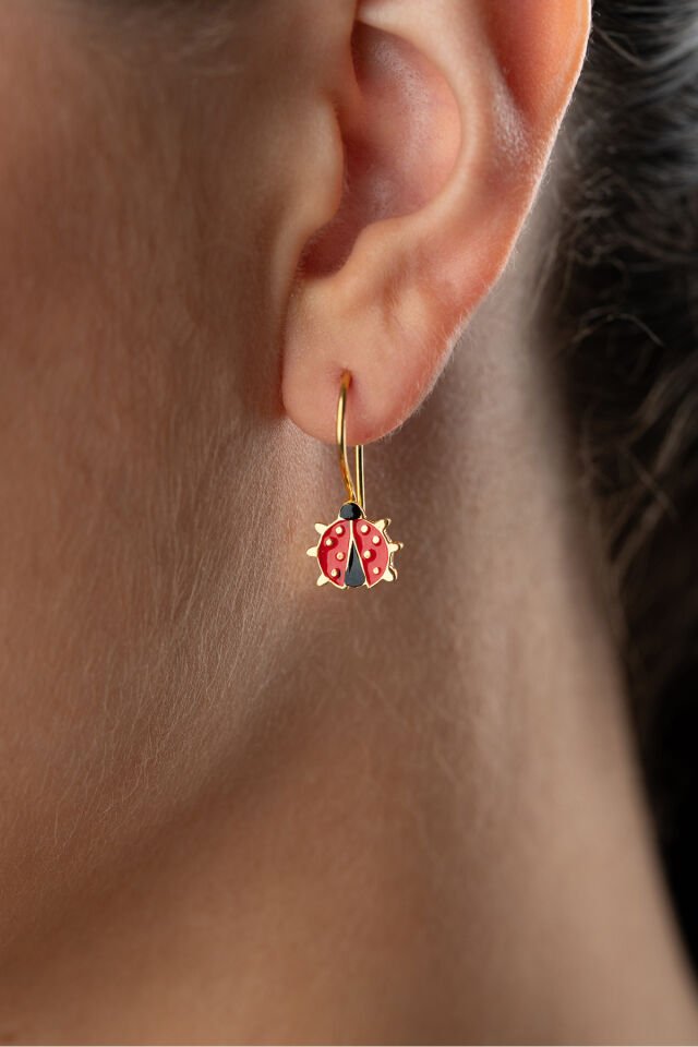 925 Ayar Gümüş Altın Kaplama Mineli Çocuk Uğur Böceği Küpe