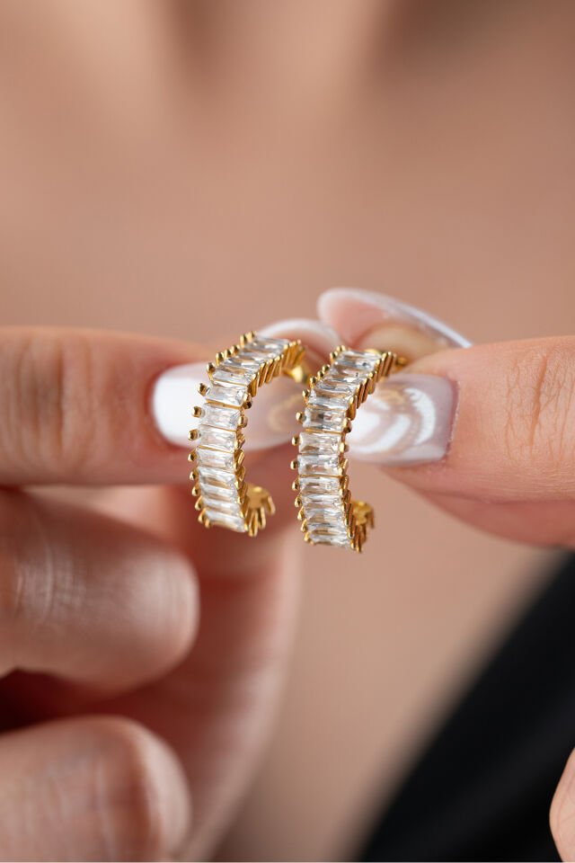 925 Ayar Gümüş Baget Taşlı Küpe Gold