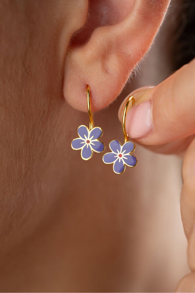 925 Ayar Gümüş Altın Kaplama Mineli Çocuk Çiçek Küpe