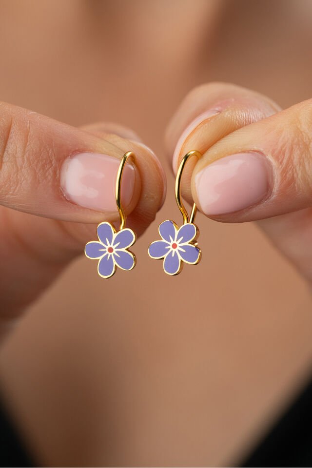 925 Ayar Gümüş Altın Kaplama Mineli Çocuk Çiçek Küpe