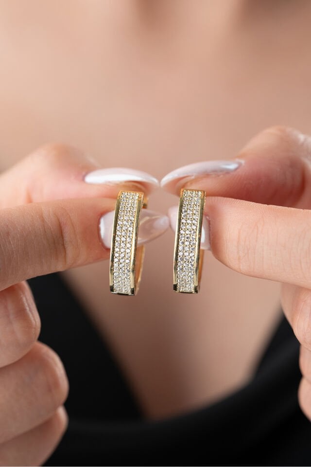 925 Ayar Gümüş Taşlı Halka Küpe Gold
