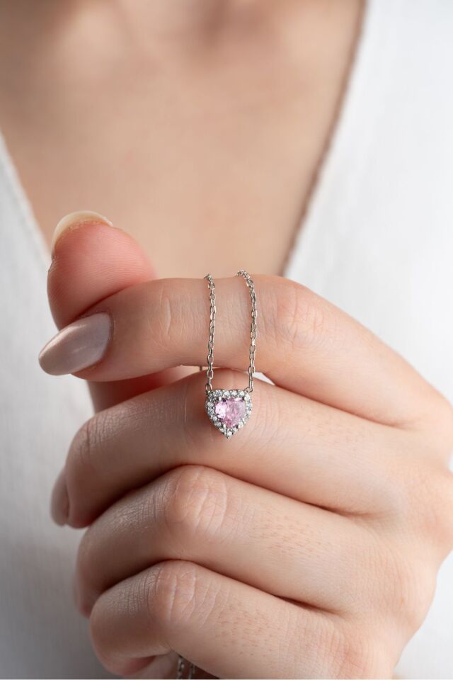 925 Ayar Gümüş Zirkon Taşlı Pembe Kalp Kolye Silver - Tek Ebat