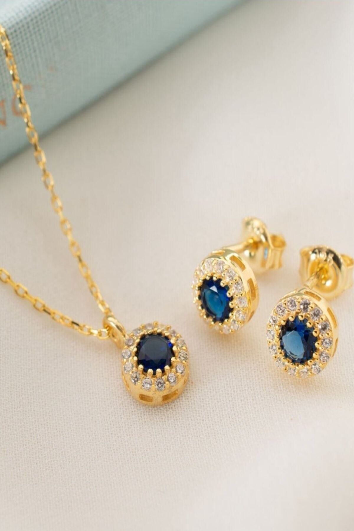925 Ayar Gümüş Eylül Ayı Doğum Taşı ( Sapphire ) Kolye - Küpe Seti Gold - Tek Ebat