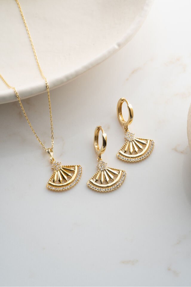 925 Ayar Gümüş Zirkon Taşlı Yelpaze (Kolye-Küpe) Set Gold - Tek Ebat