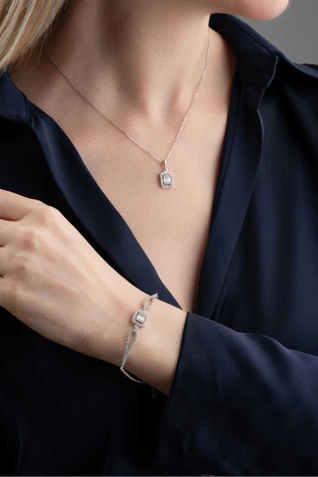 925 Ayar Gümüş Baget Taşlı (Kolye-Bileklik) Set Silver - Tek Ebat