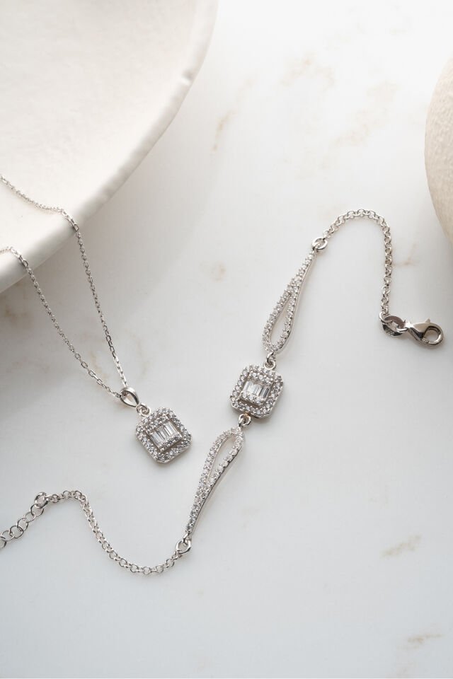925 Ayar Gümüş Baget Taşlı (Kolye-Bileklik) Set Silver - Tek Ebat