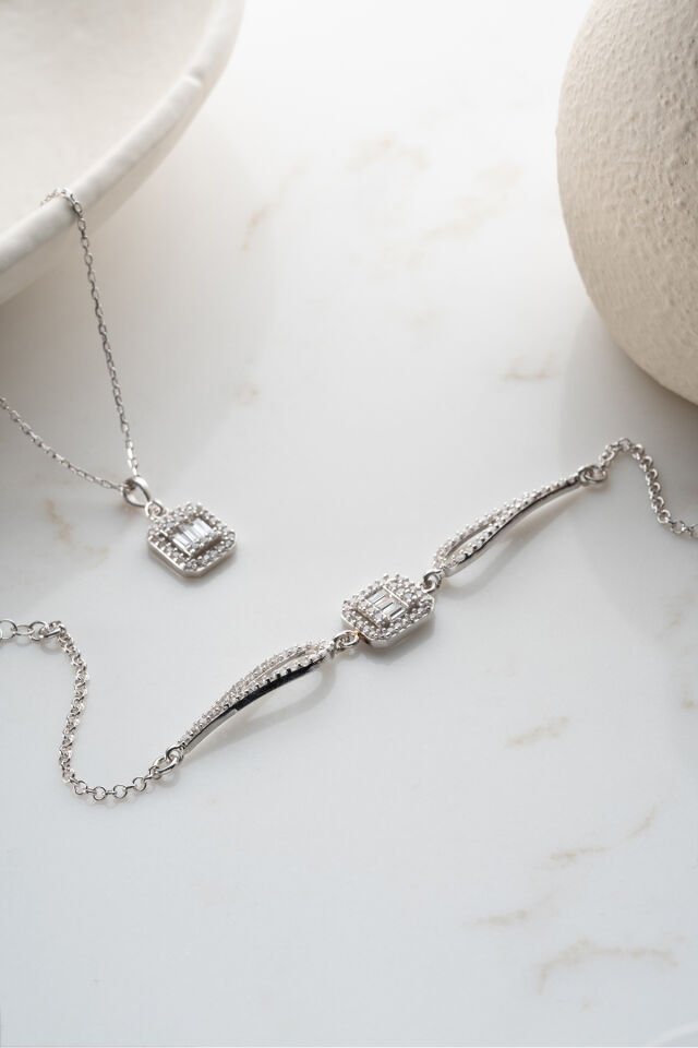 925 Ayar Gümüş Baget Taşlı (Kolye-Bileklik) Set Silver - Tek Ebat