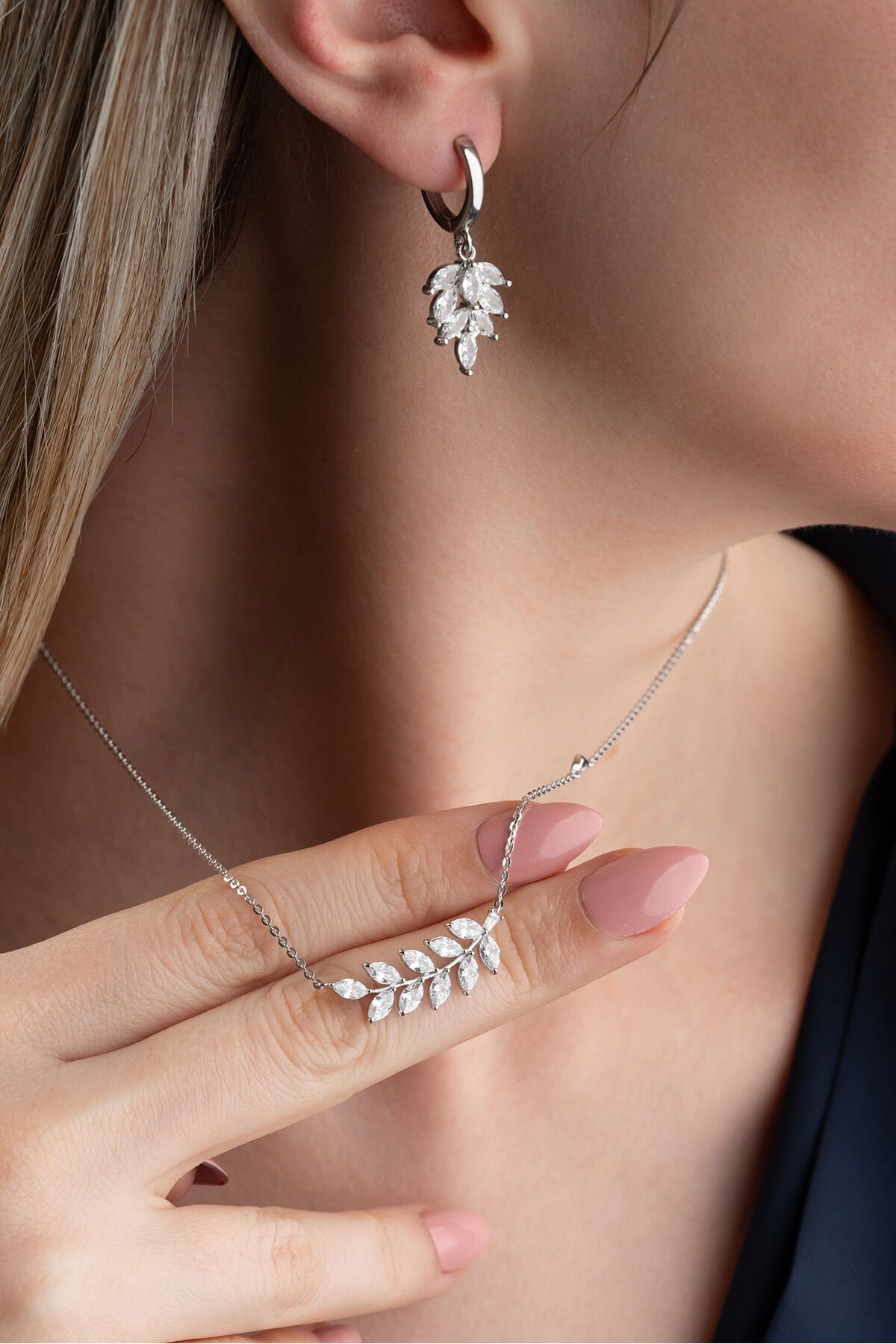925 Ayar Gümüş Zirkon Taşlı Yaprak (Kolye-Küpe) Set Silver - Tek Ebat