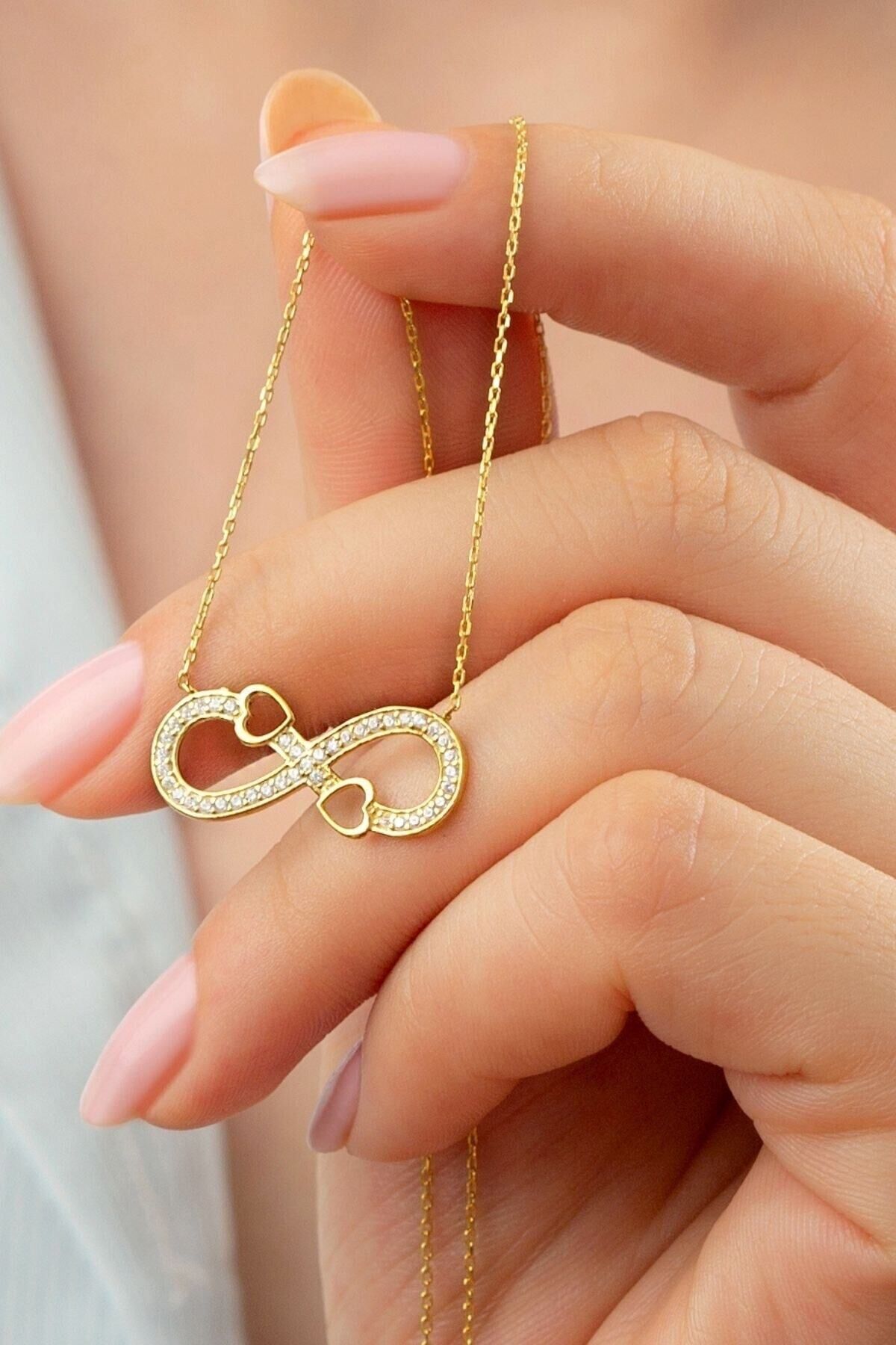 925 Ayar Gümüş Sonsuzluk Kalpli Kolye Gold - Tek Ebat