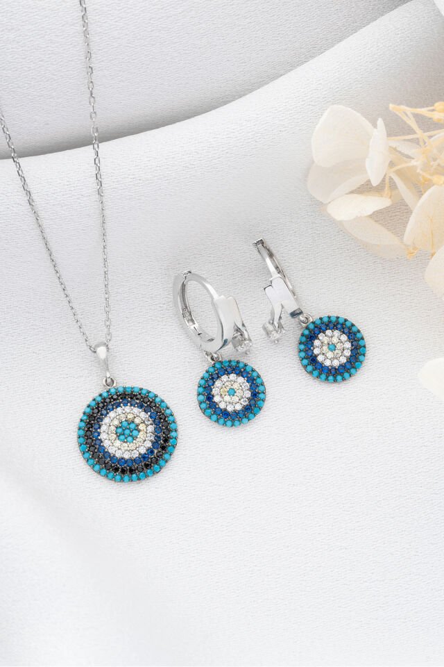 925 Ayar Gümüş Göz Nazar Kolye Küpe Seti