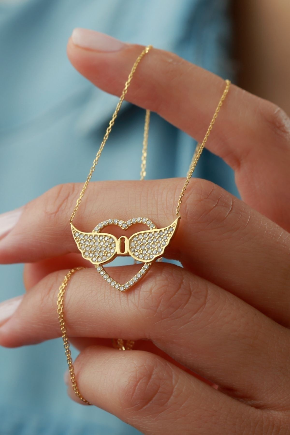 925 Ayar Gümüş Kanatlı Kalp Kolye Gold - Tek Ebat