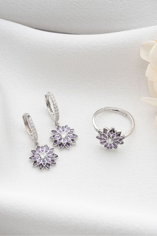 925 Ayar Gümüş Lotus Çiçeği Yüzük Küpe Seti