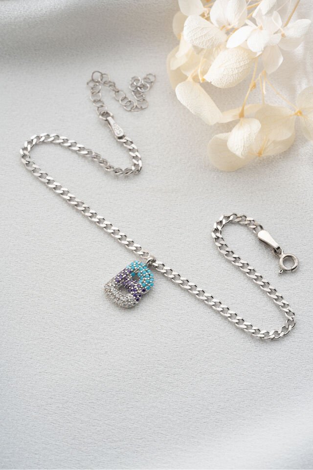 925 Ayar Gümüş Renkli Taşlı Balon Harf Halhal